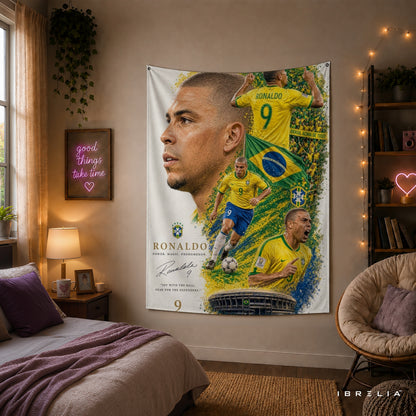 Ronaldo Nazário Brazil Legend Wall Tapestry | Premium Heavyweight Jute Fabric Wall Hanging
