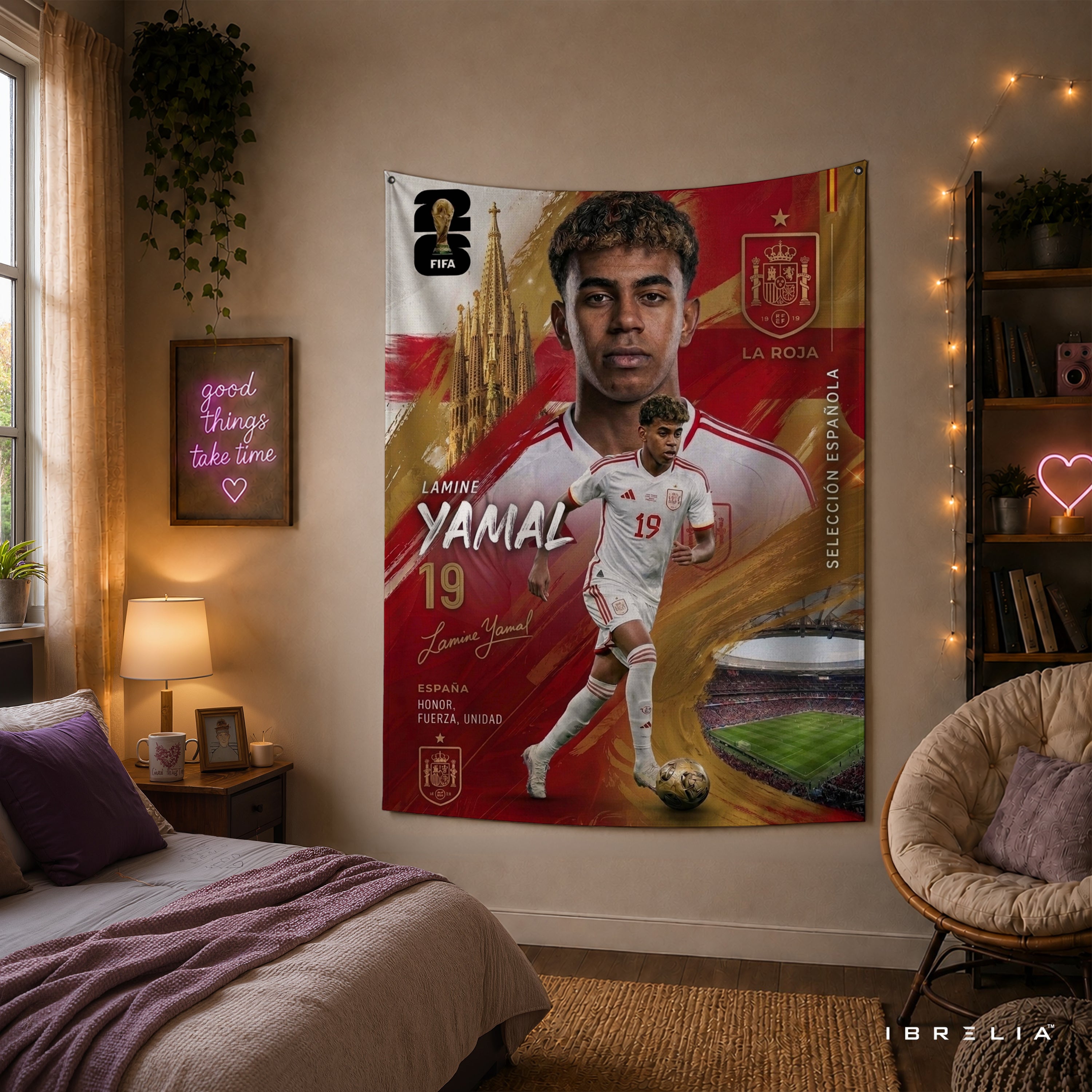 Lamine Yamal Spain Champion Edition Wall Tapestry | Premium Heavyweight Jute Fabric Wall Hanging