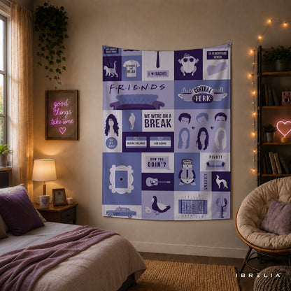 Friends Icon Collage Wall Tapestry – Central Perk Minimal Sitcom Decor