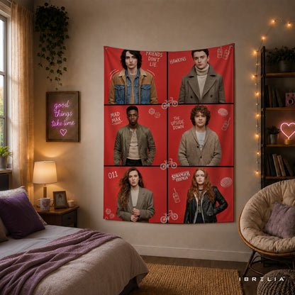Stranger Things Character Collage Wall Tapestry – Hawkins Friends Wall Hanging