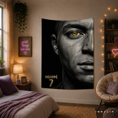 Kylian Mbappé Minimalist Portrait Wall Tapestry | Premium Heavyweight Jute Fabric Wall Hanging