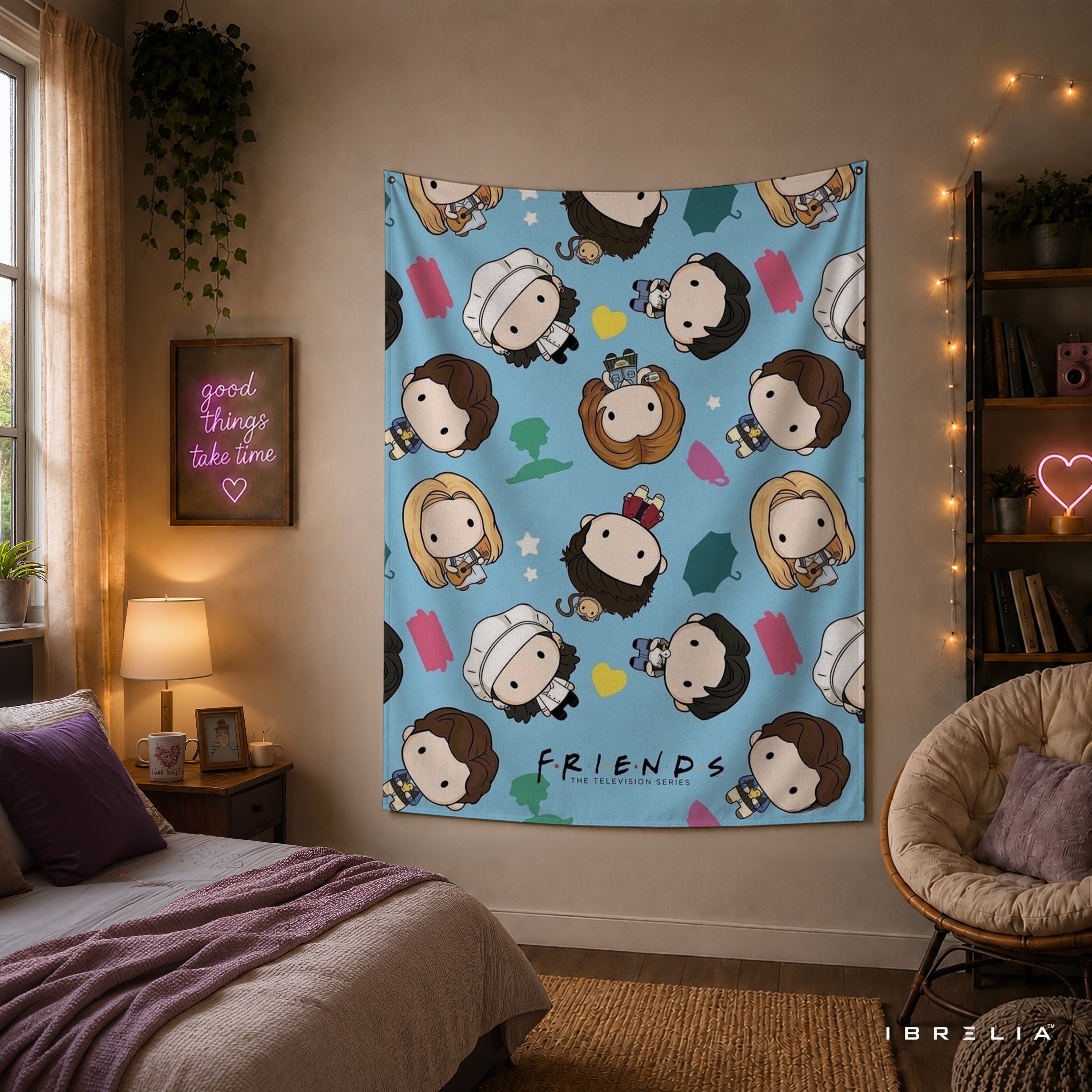 Friends Chibi Characters Wall Tapestry – Cute Cartoon Sitcom Wall Hanging