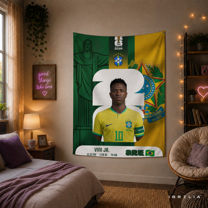 Vinícius Júnior Brazil World Cup 2026 Wall Tapestry | Premium Heavyweight Jute Fabric Wall Hanging