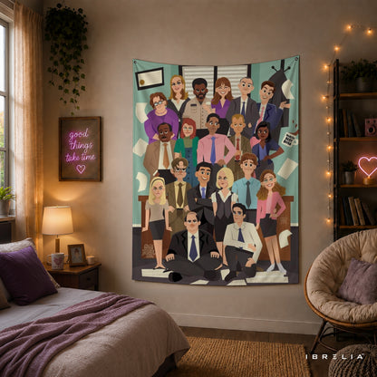 The Office Cartoon Cast Wall Tapestry | Premium Heavyweight Jute Fabric Wall Hanging