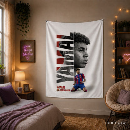Lamine Yamal Barcelona Wall Tapestry | Premium Heavyweight Jute Fabric Wall Hanging