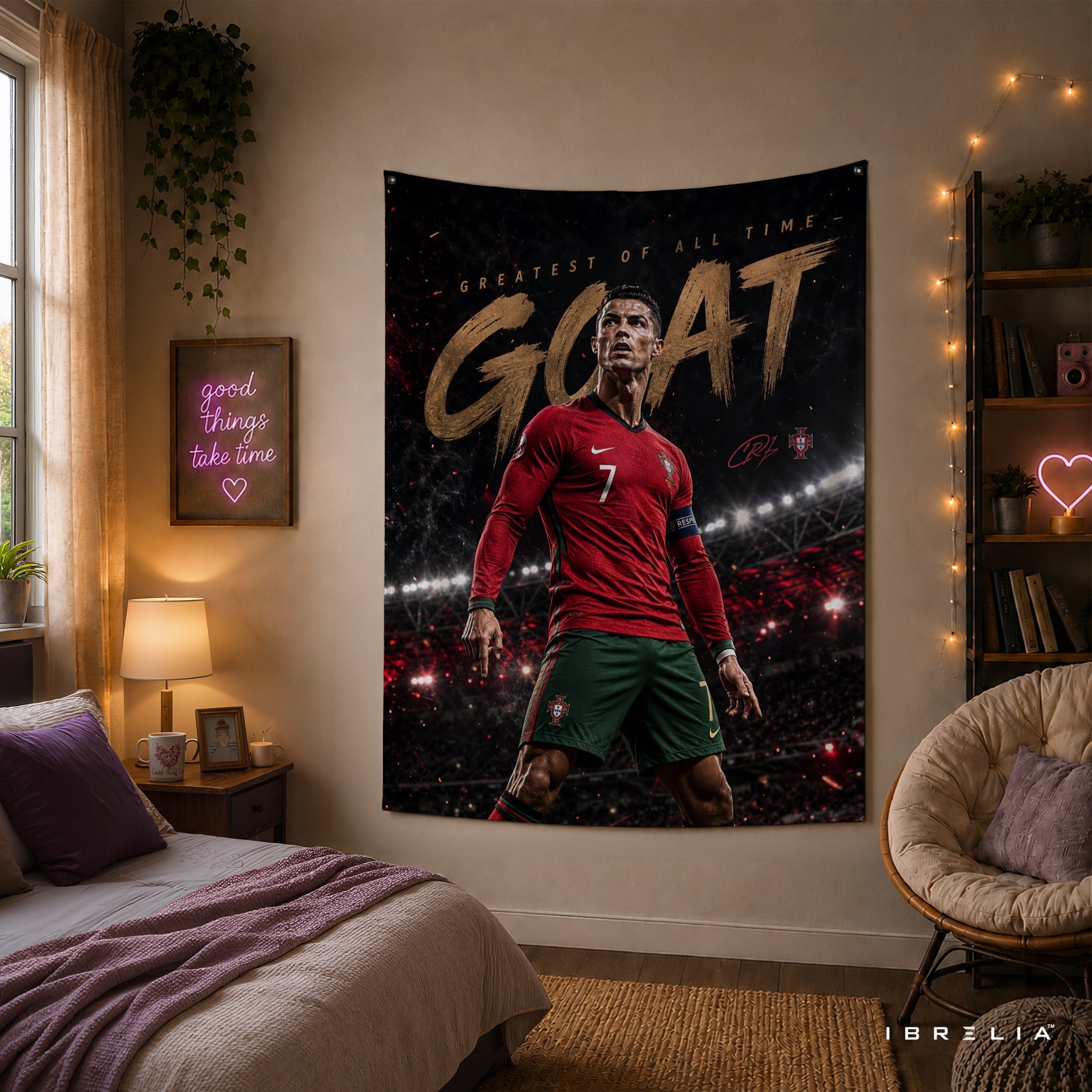 Cristiano Ronaldo GOAT Wall Tapestry | Premium Heavyweight Jute Fabric Wall Hanging