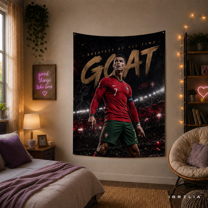 Cristiano Ronaldo GOAT Wall Tapestry | Premium Heavyweight Jute Fabric Wall Hanging