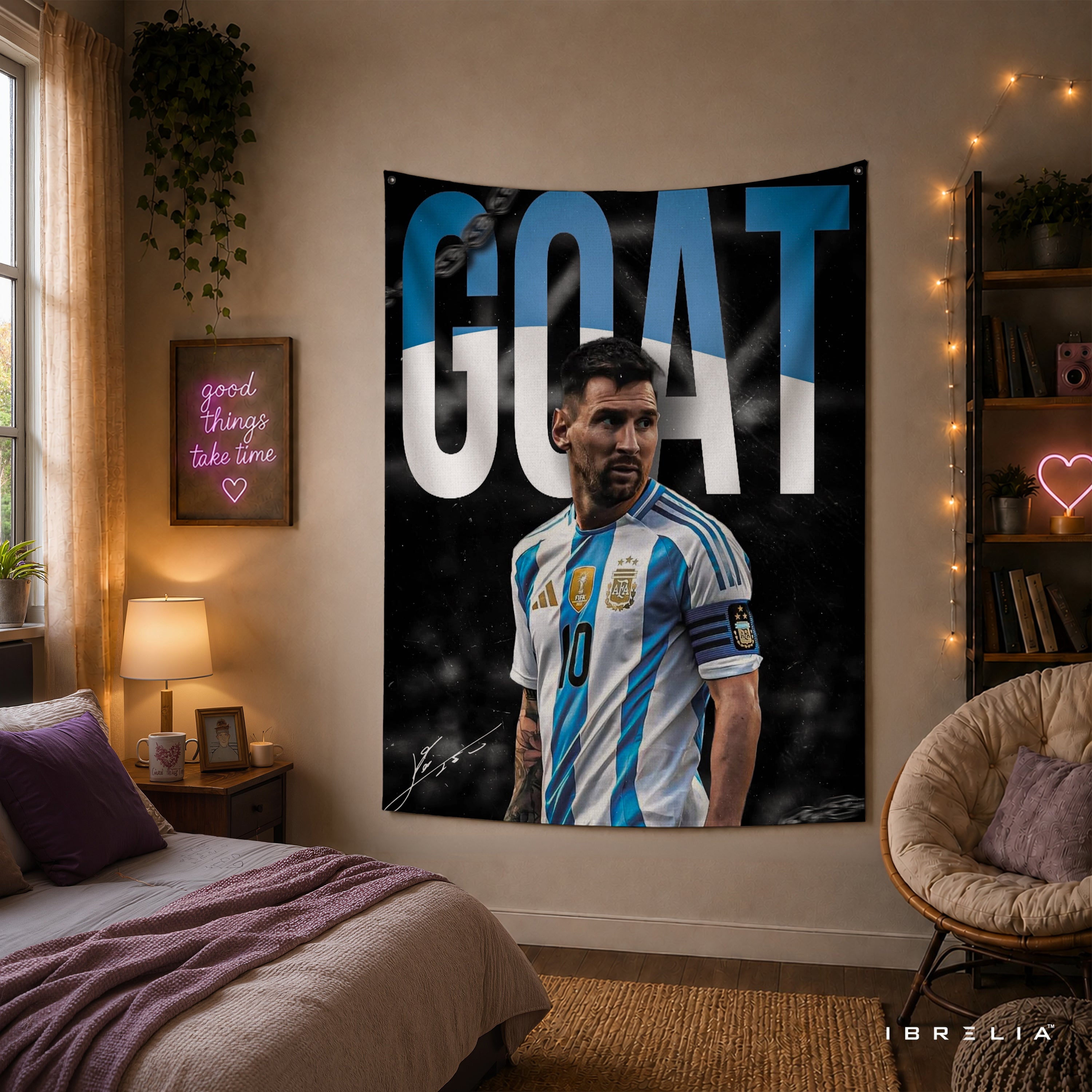 Lionel Messi GOAT Argentina Wall Tapestry | Premium Heavyweight Jute Fabric Wall Hanging