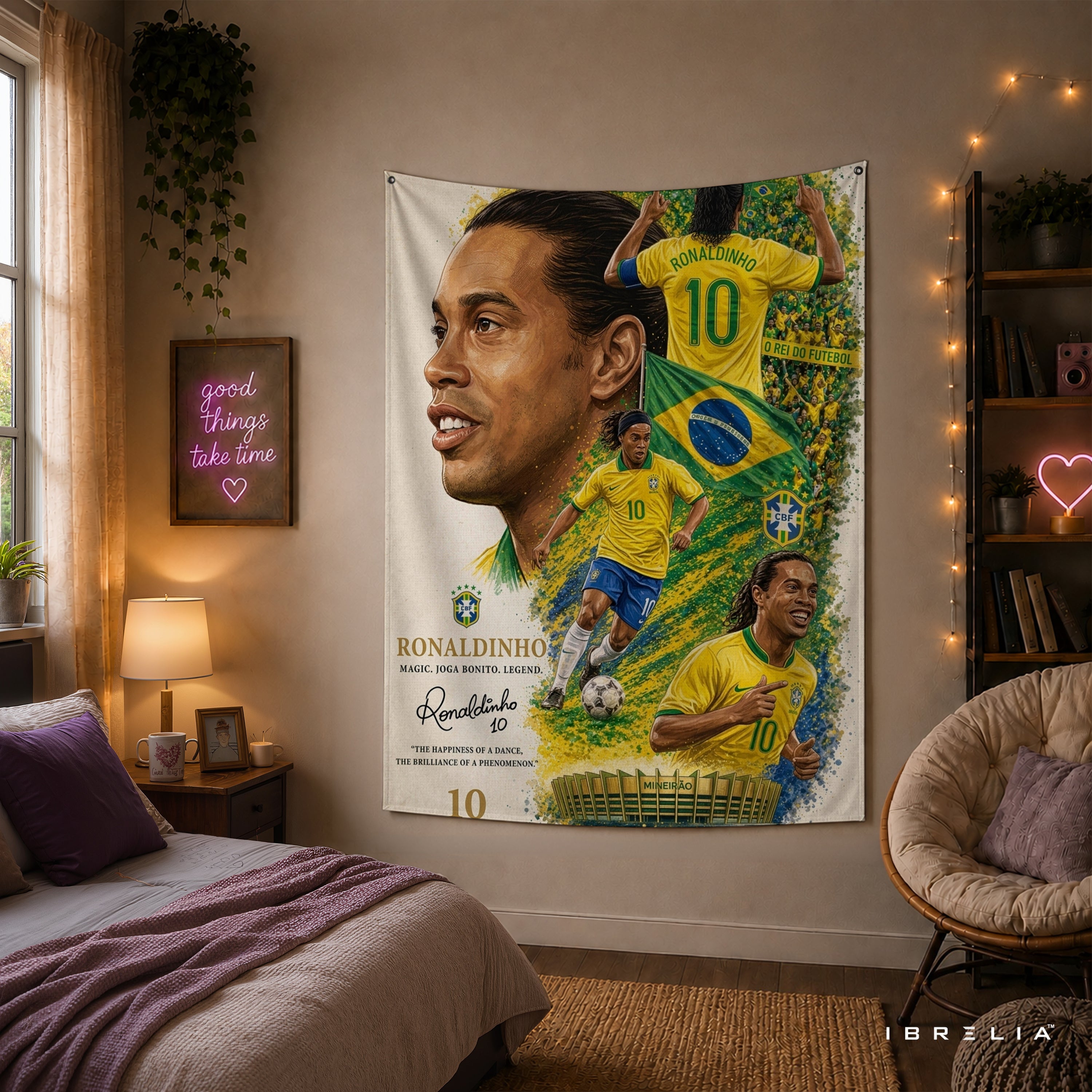 Ronaldinho Brazil Legend Wall Tapestry | Premium Heavyweight Jute Fabric Wall Hanging