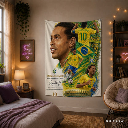 Ronaldinho Brazil Legend Wall Tapestry | Premium Heavyweight Jute Fabric Wall Hanging