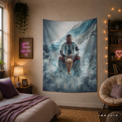 Lionel Messi GOAT World Champion Wall Tapestry | Premium Heavyweight Jute Fabric Wall Hanging