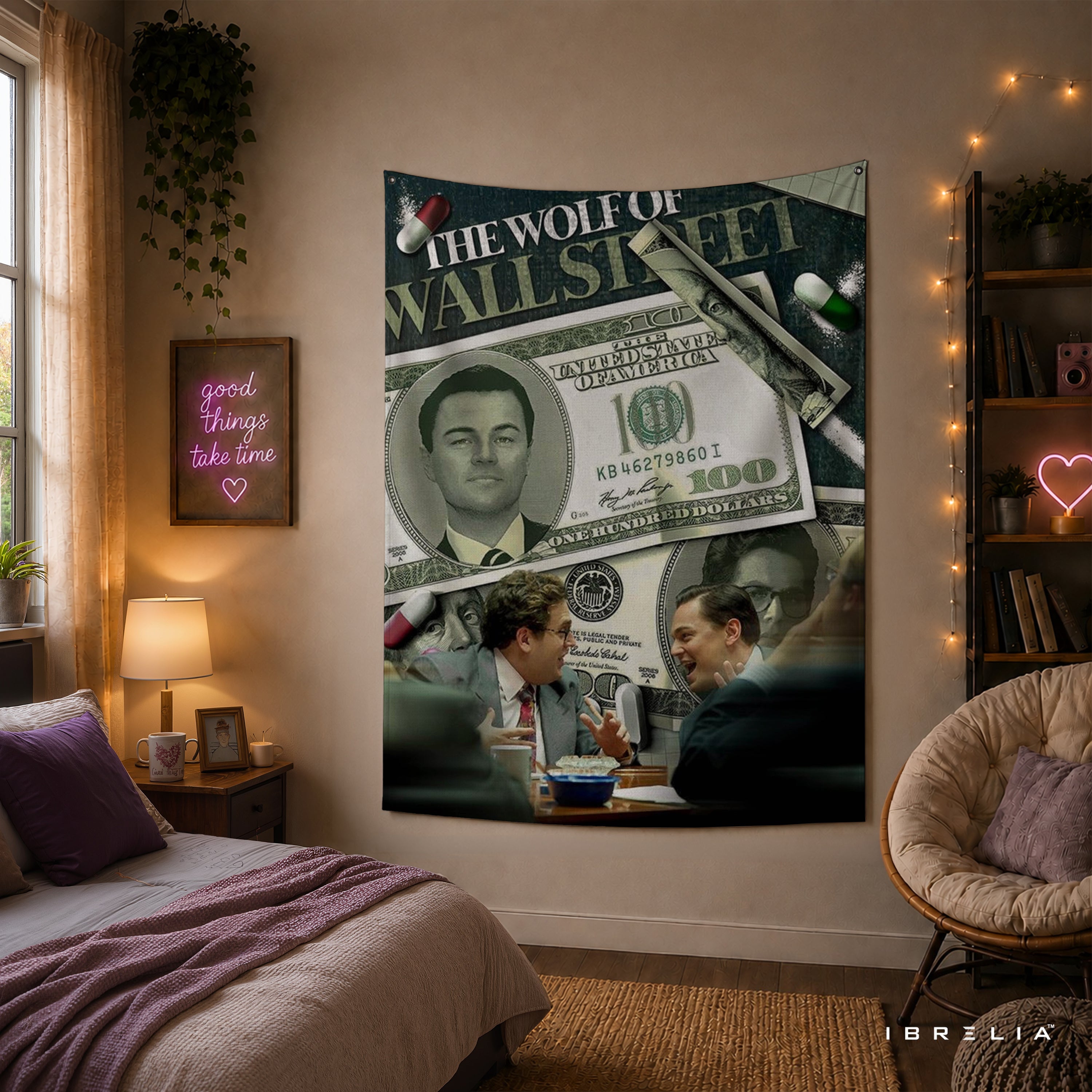 The Wolf of Wall Street Money Collage Wall Tapestry – Luxury Finance Movie Inspired Wall Hanging