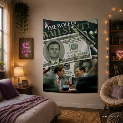 The Wolf of Wall Street Money Collage Wall Tapestry – Luxury Finance Movie Inspired Wall Hanging