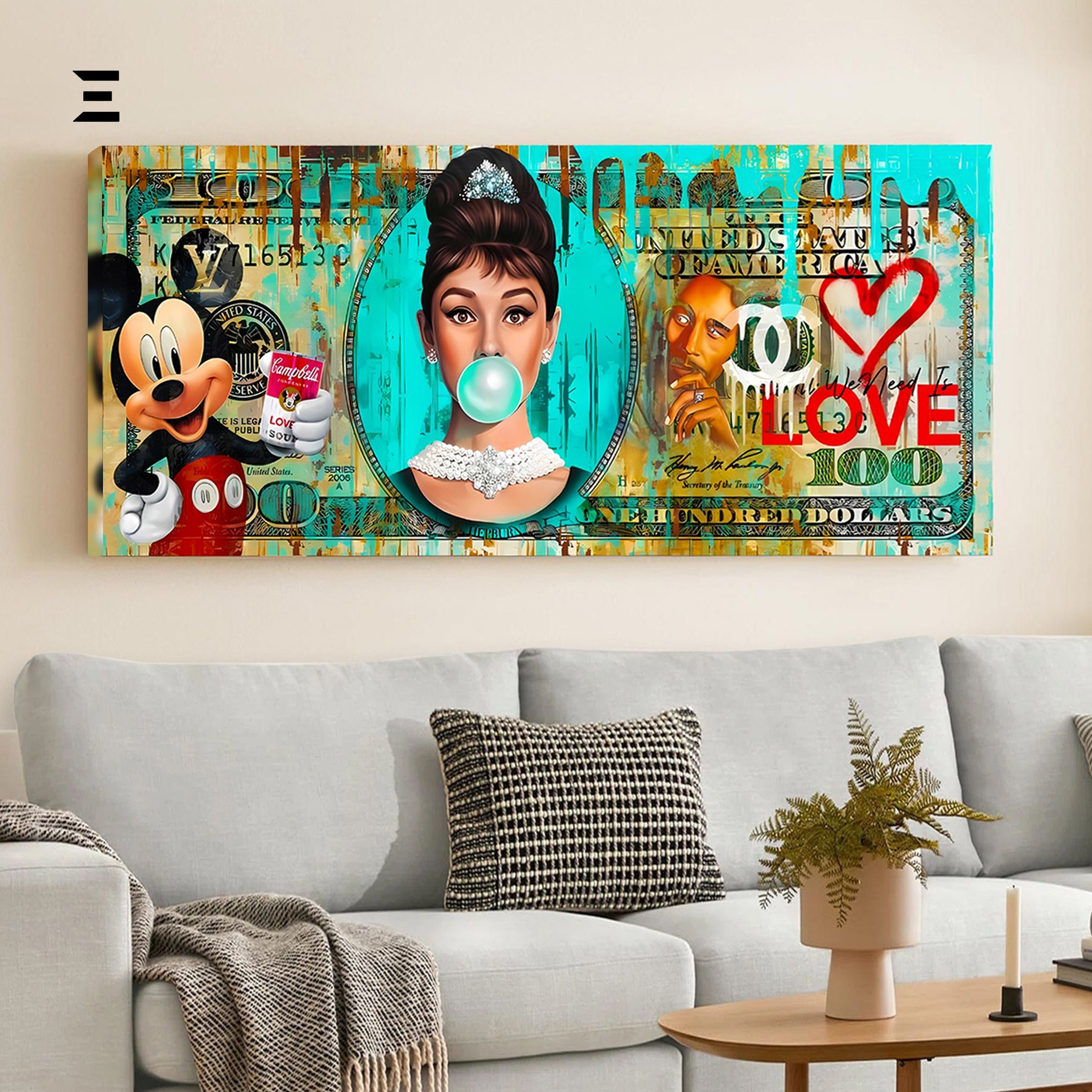 Ultra Wide Wall Art – Turquoise Pop Culture Money Collage Edition | IBRELIA™