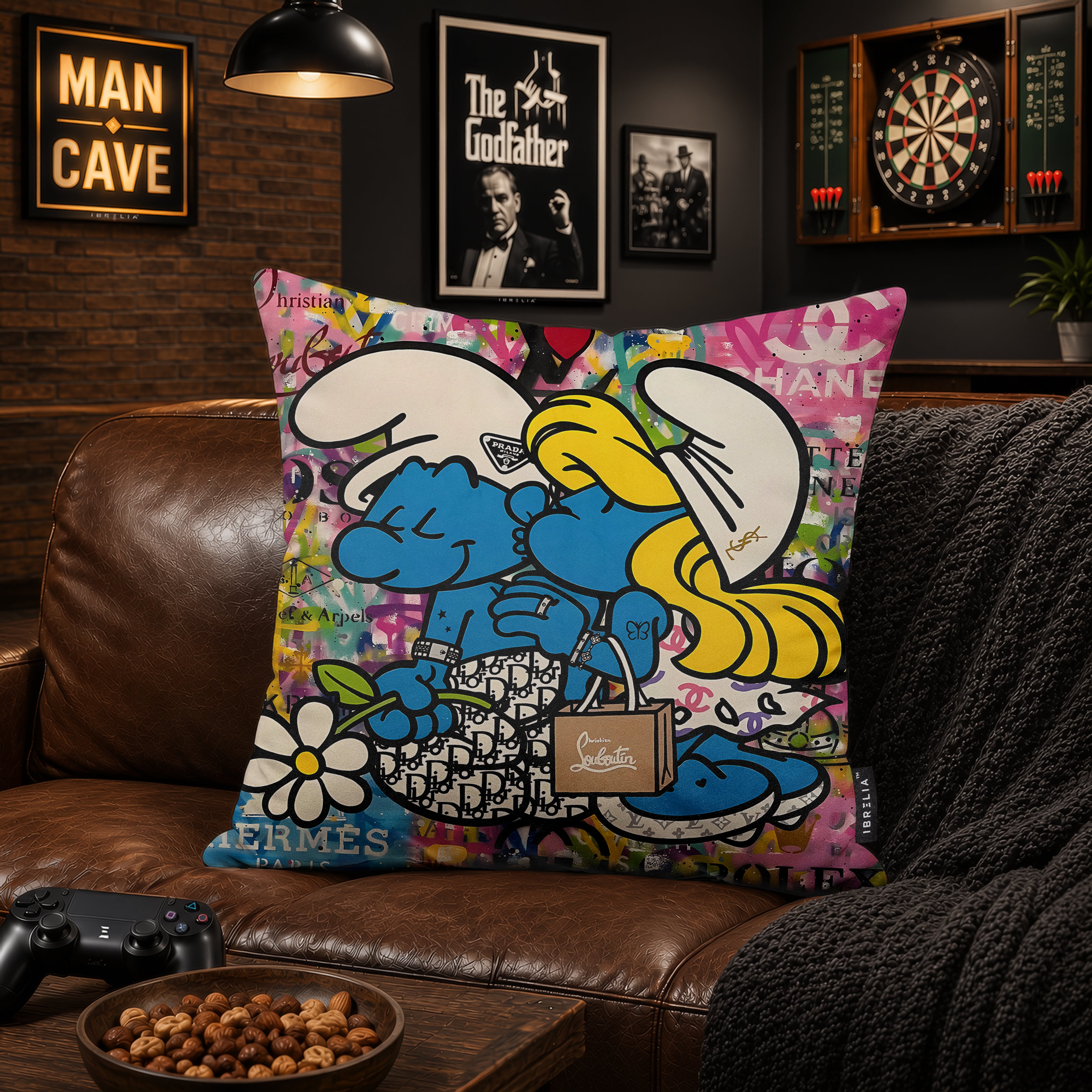 Smurf & Smurfette Luxury Love Pop Art Cushion | Premium Velvet Suede | Double-Sided Print