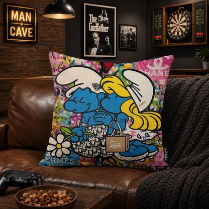 Smurf & Smurfette Luxury Love Pop Art Cushion | Premium Velvet Suede | Double-Sided Print