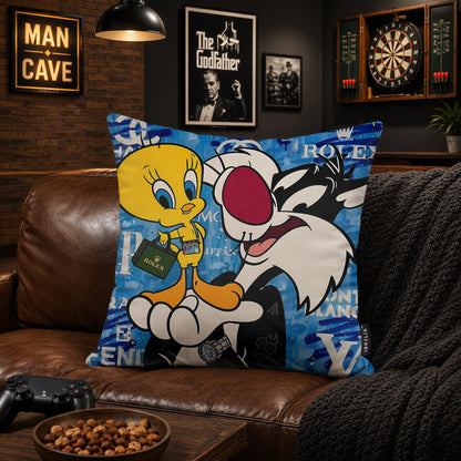 Sylvester & Tweety Luxury Friendship Pop Art Cushion | Premium Velvet Suede | Double-Sided Print