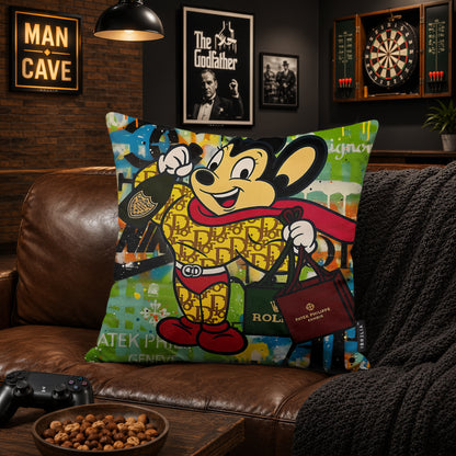 Mighty Mouse Luxury Fashion Pop Art Cushion | Premium Velvet Suede | Double-Sided Print