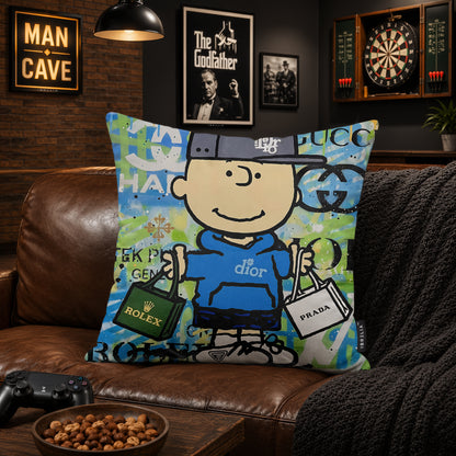 Charlie Brown Luxury Shopping Pop Art Cushion | Premium Velvet Suede | Double-Sided Print