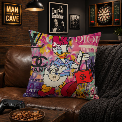 Daisy Duck Luxury Shopping Pop Art Cushion | Premium Velvet Suede | Double-Sided Print