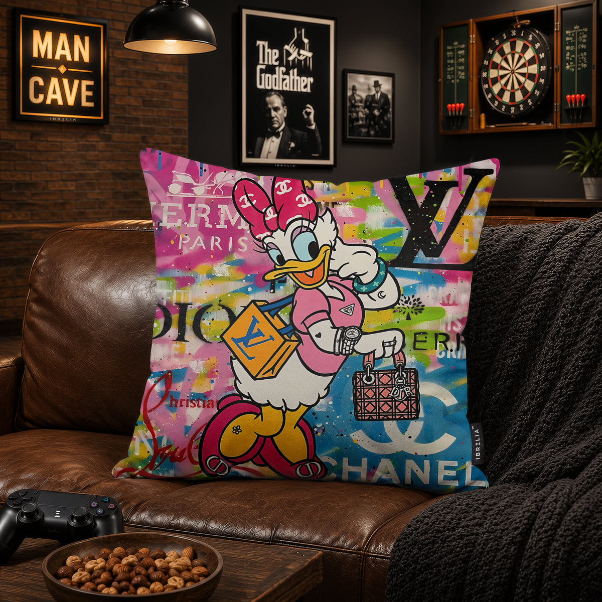 Daisy Duck Pink Bow Luxury Shopping Pop Art Cushion | Premium Velvet Suede | Double-Sided Print