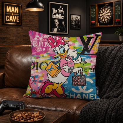 Daisy Duck Pink Bow Luxury Shopping Pop Art Cushion | Premium Velvet Suede | Double-Sided Print