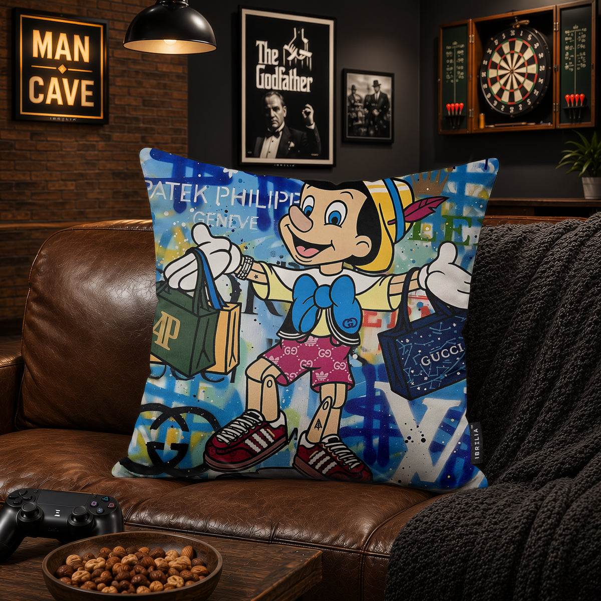 Pinocchio Luxury Shopping Pop Art Cushion | Premium Velvet Suede | Double-Sided Print