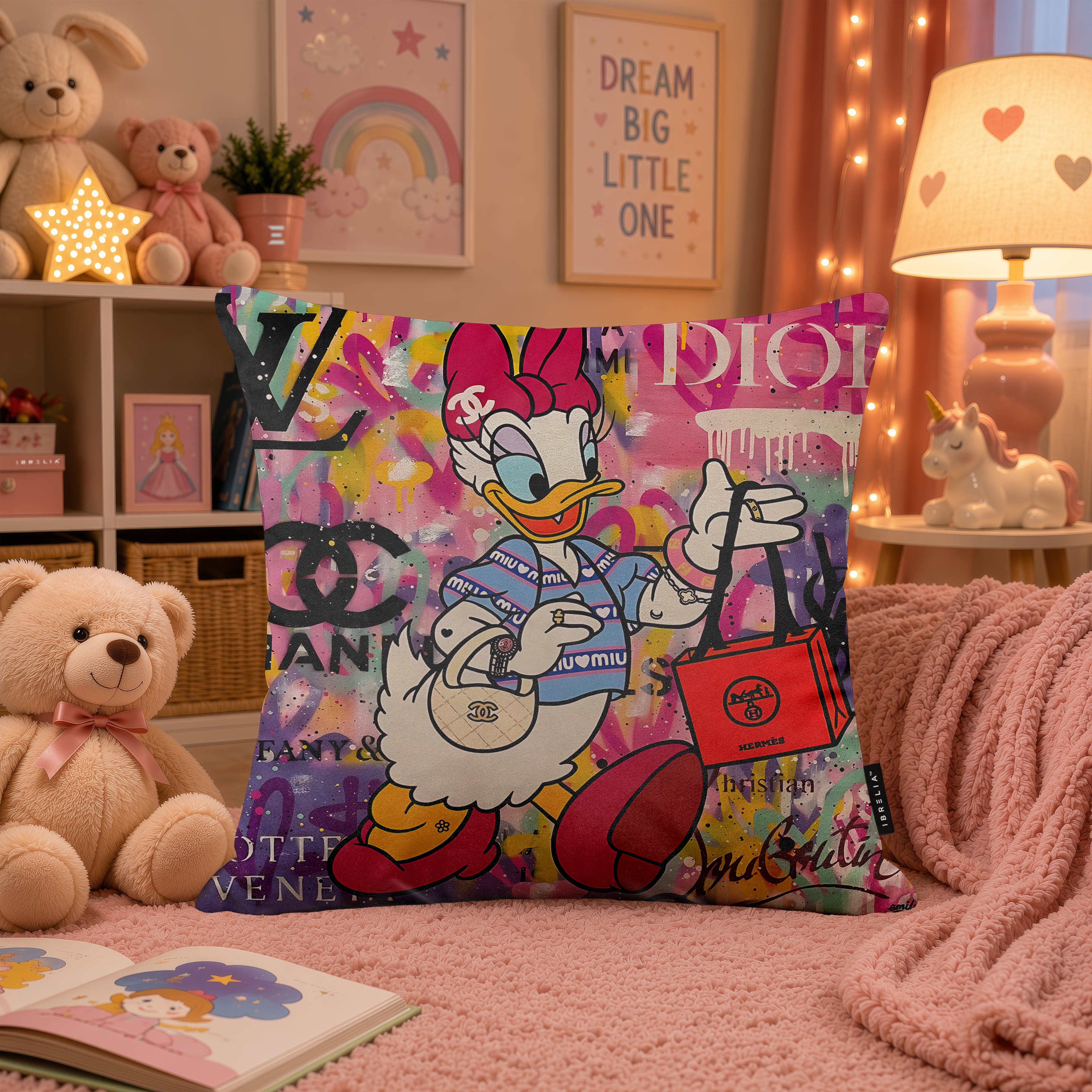 Daisy Duck Luxury Shopping Pop Art Cushion | Premium Velvet Suede | Double-Sided Print