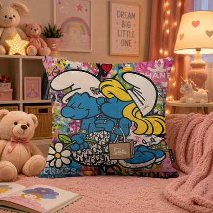 Smurf & Smurfette Luxury Love Pop Art Cushion | Premium Velvet Suede | Double-Sided Print