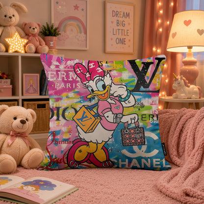 Daisy Duck Pink Bow Luxury Shopping Pop Art Cushion | Premium Velvet Suede | Double-Sided Print