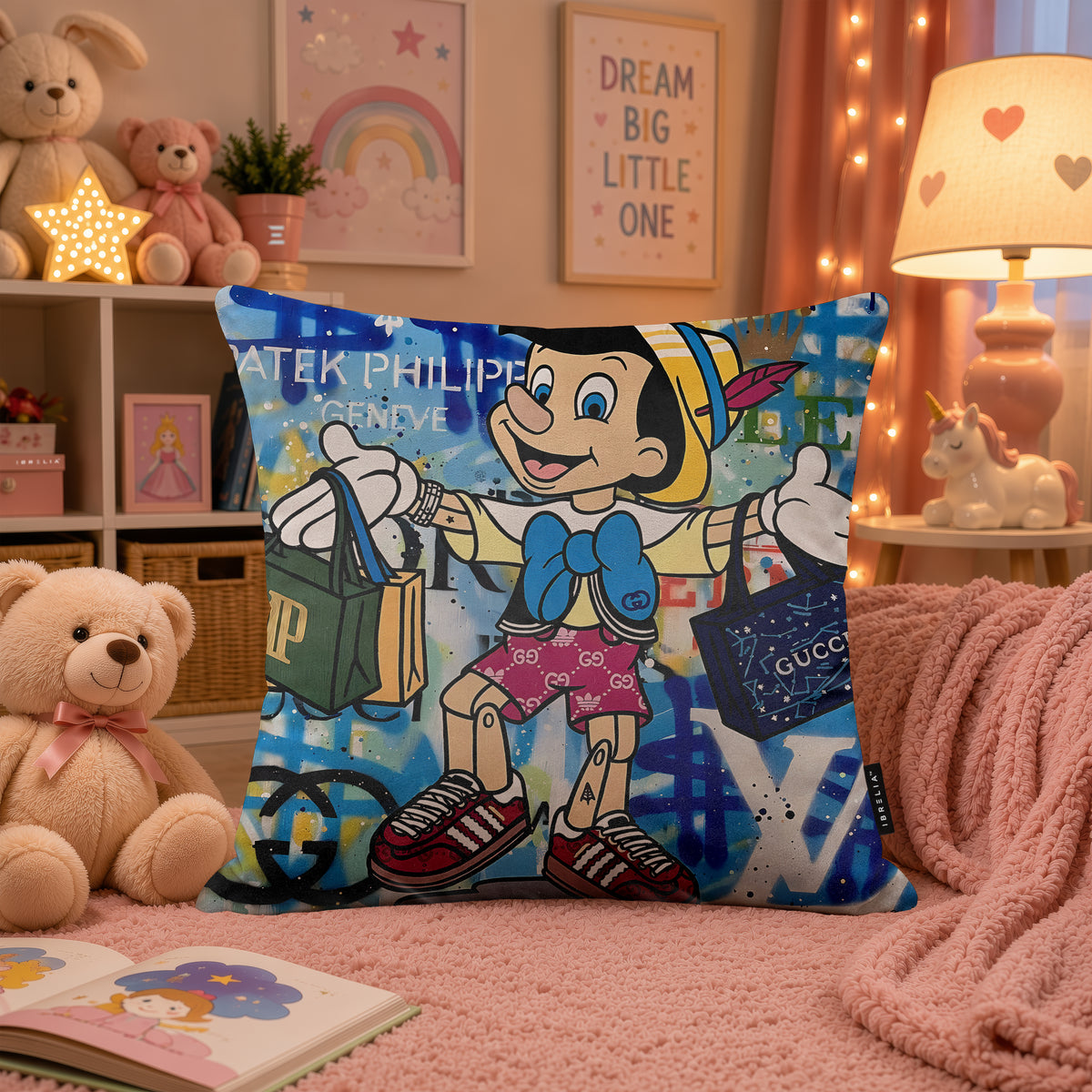 Pinocchio Luxury Shopping Pop Art Cushion | Premium Velvet Suede | Double-Sided Print