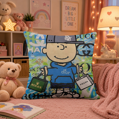 Charlie Brown Luxury Shopping Pop Art Cushion | Premium Velvet Suede | Double-Sided Print