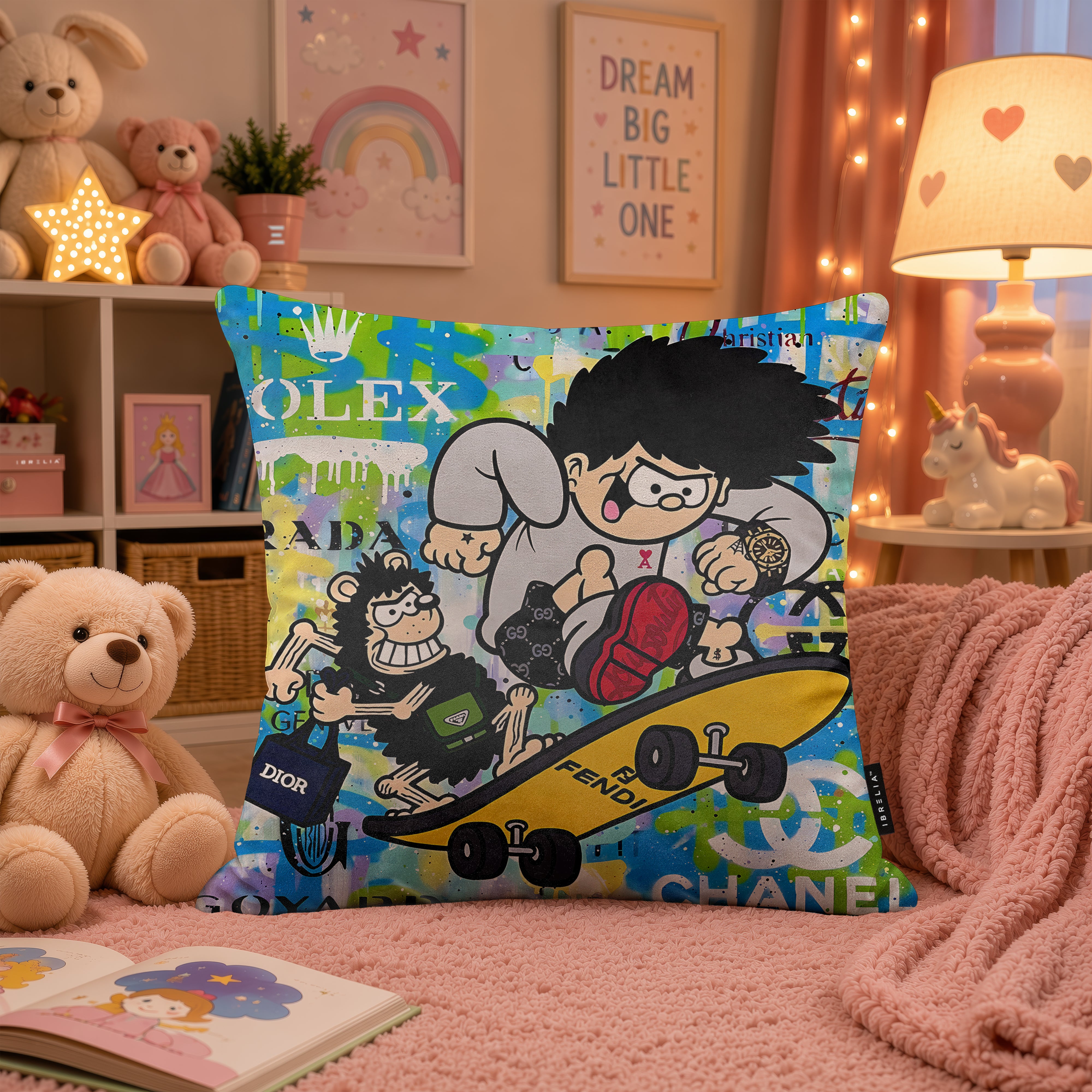 Dennis the Menace & Gnasher Skateboard Pop Art Cushion | Premium Velvet Suede | Double-Sided Print