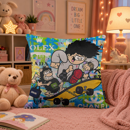 Dennis the Menace & Gnasher Skateboard Pop Art Cushion | Premium Velvet Suede | Double-Sided Print