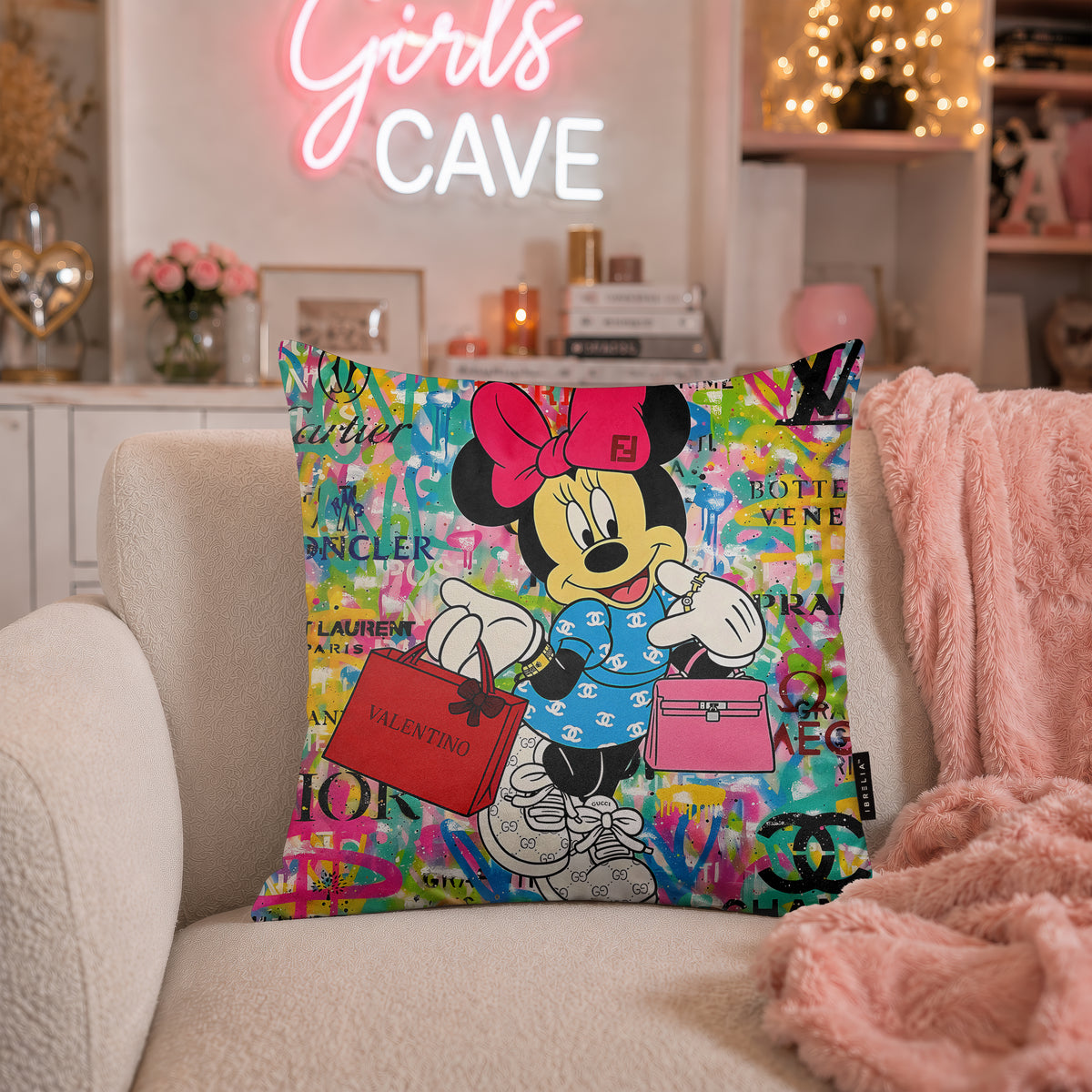 Minnie Mouse Fashion Shopper Pop Art Cushion | Premium Velvet Suede | Double-Sided Print