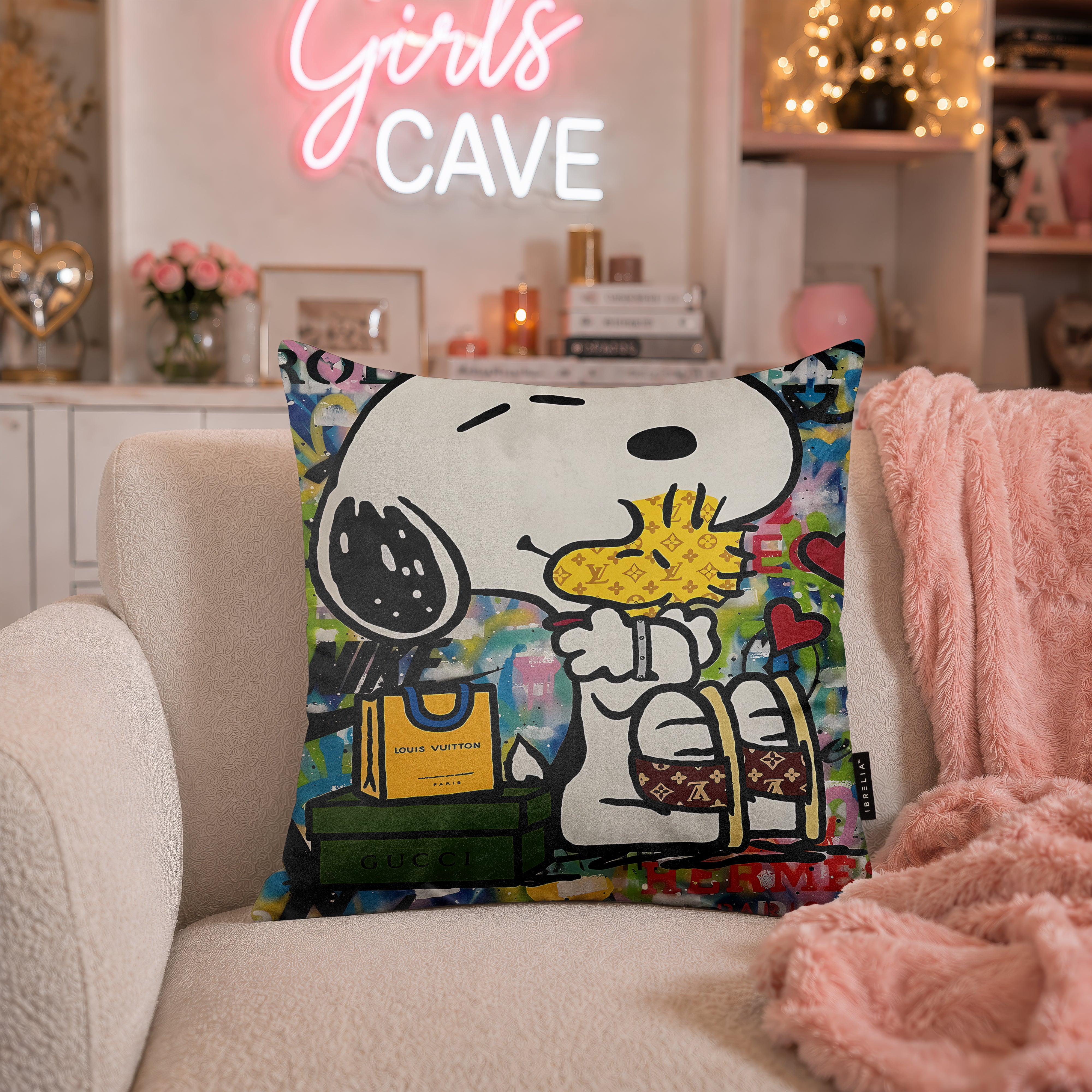 Snoopy & Woodstock Luxury Love Pop Art Cushion | Premium Velvet Suede | Double-Sided Print
