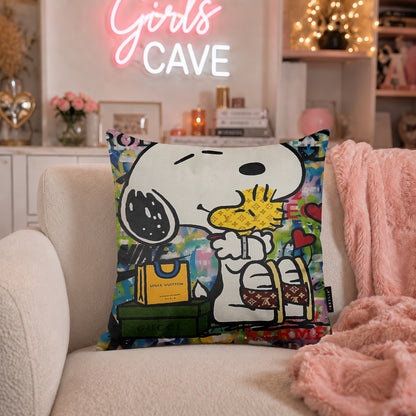 Snoopy & Woodstock Luxury Love Pop Art Cushion | Premium Velvet Suede | Double-Sided Print