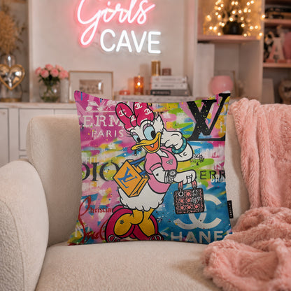Daisy Duck Pink Bow Luxury Shopping Pop Art Cushion | Premium Velvet Suede | Double-Sided Print