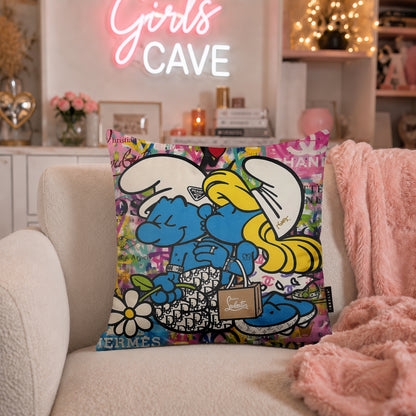 Smurf & Smurfette Luxury Love Pop Art Cushion | Premium Velvet Suede | Double-Sided Print