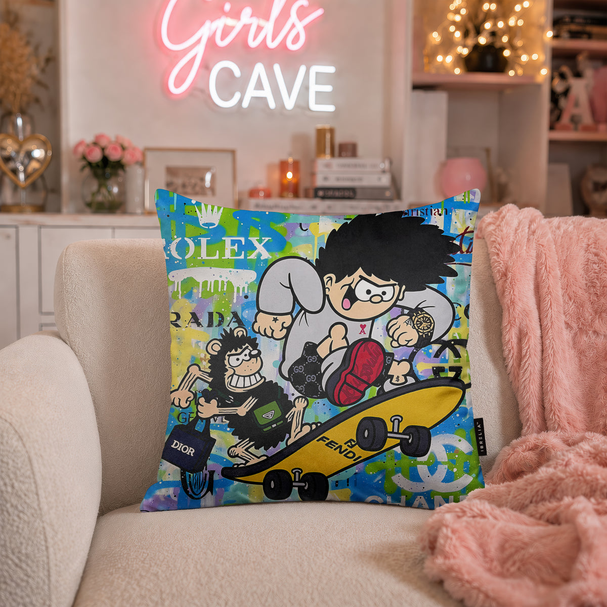 Dennis the Menace & Gnasher Skateboard Pop Art Cushion | Premium Velvet Suede | Double-Sided Print