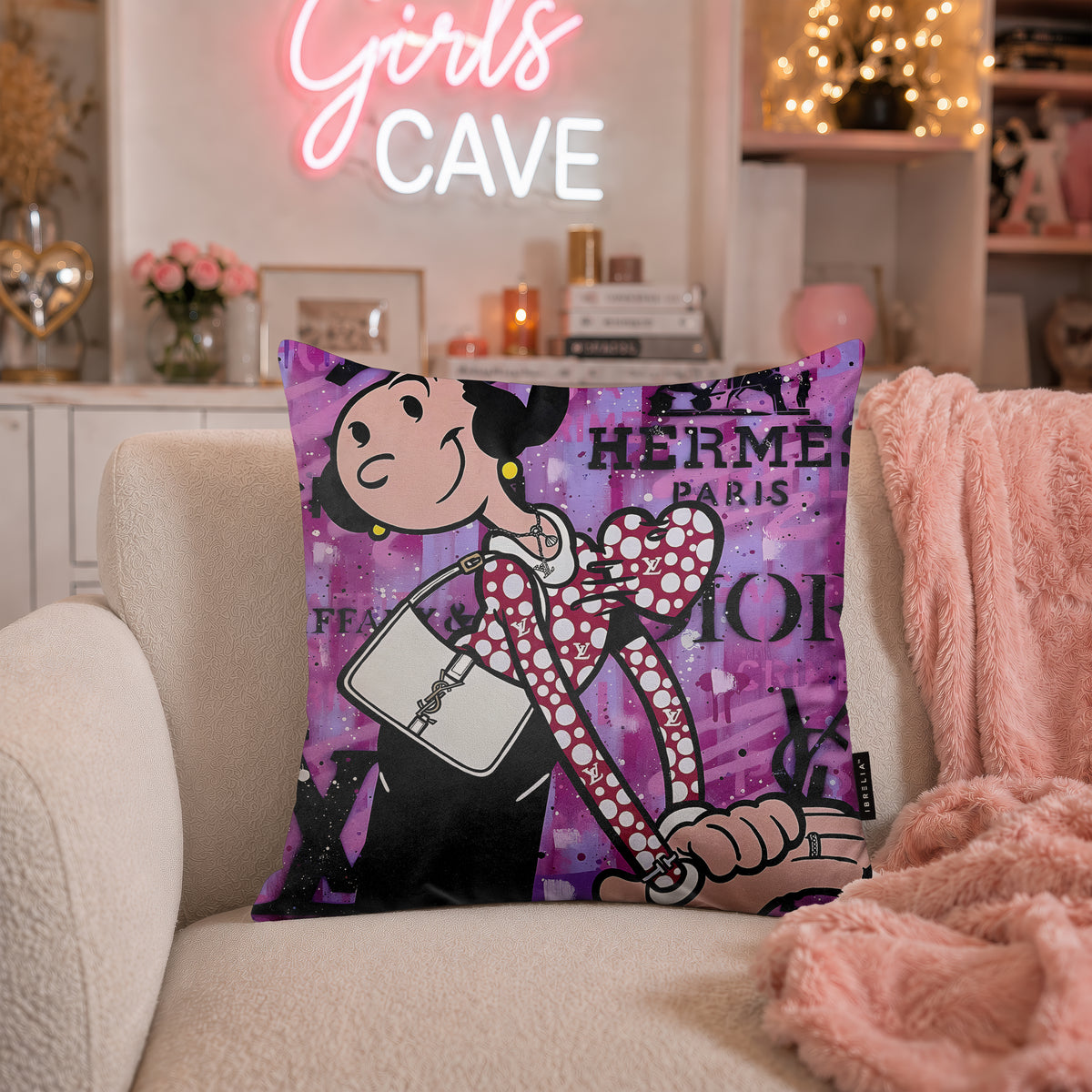 Olive Oyl Luxury Fashion Pop Art Cushion | Premium Velvet Suede | Double-Sided Print