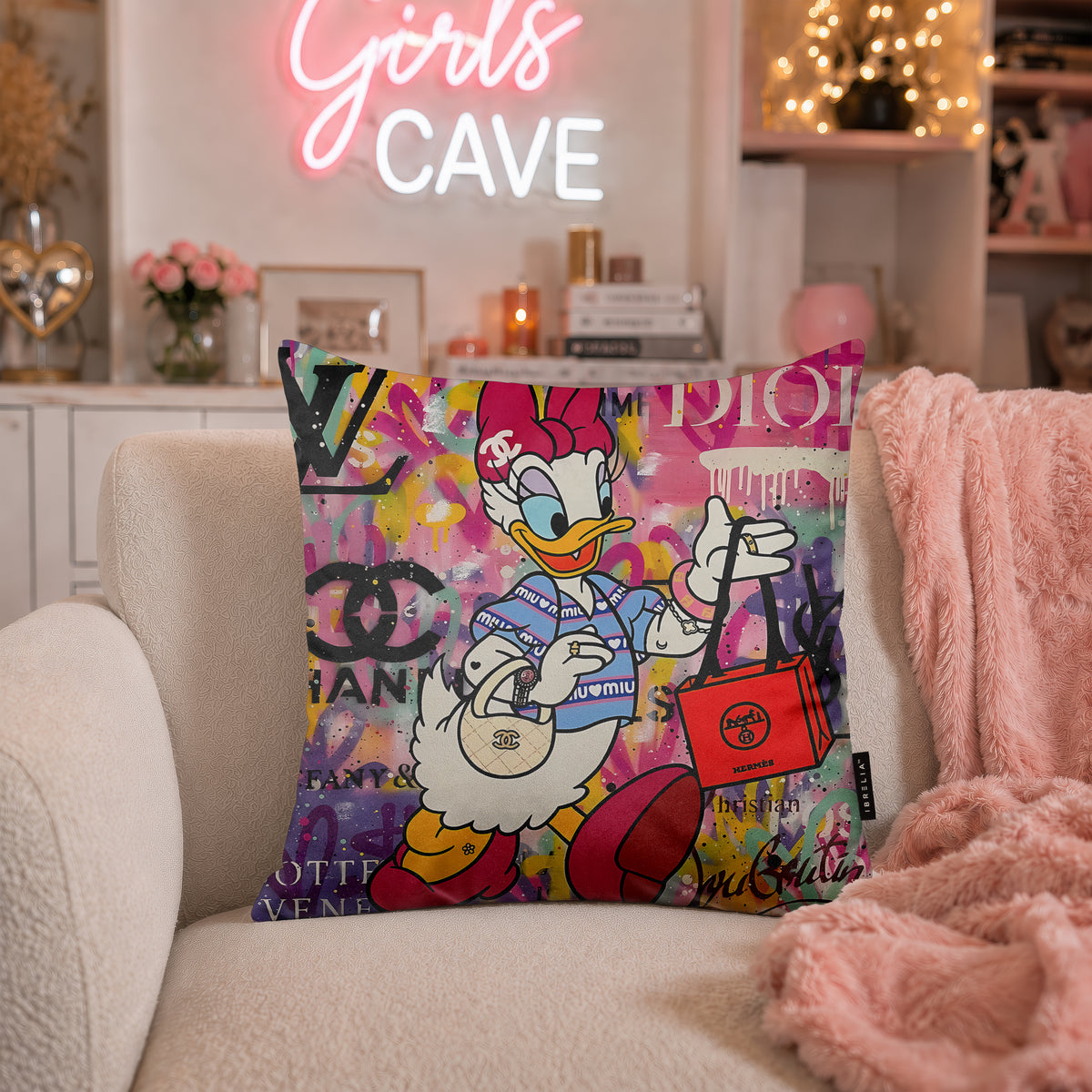 Daisy Duck Luxury Shopping Pop Art Cushion | Premium Velvet Suede | Double-Sided Print