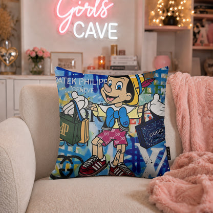 Pinocchio Luxury Shopping Pop Art Cushion | Premium Velvet Suede | Double-Sided Print