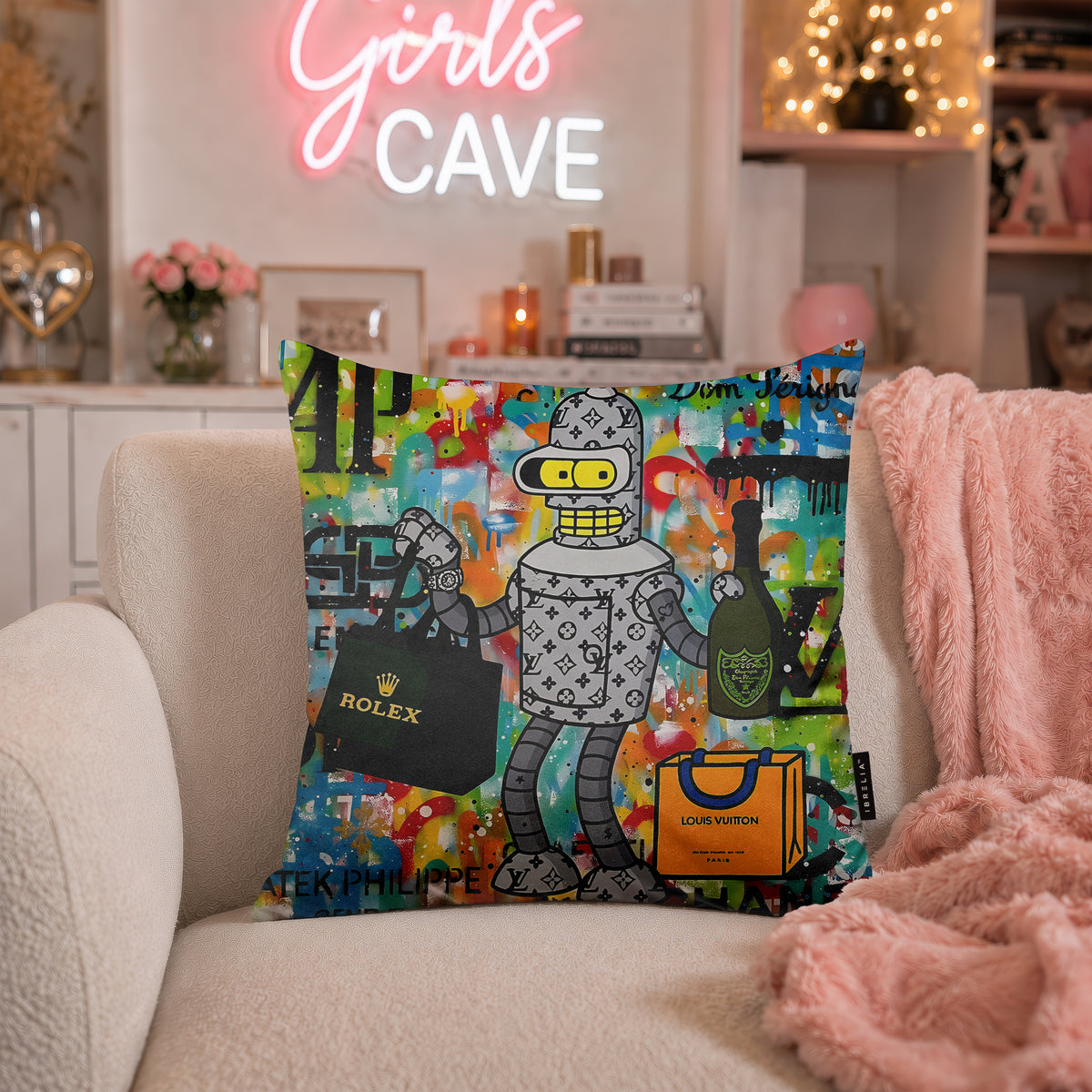 Bender Luxury Champagne Pop Art Cushion | Premium Velvet Suede | Double-Sided Print