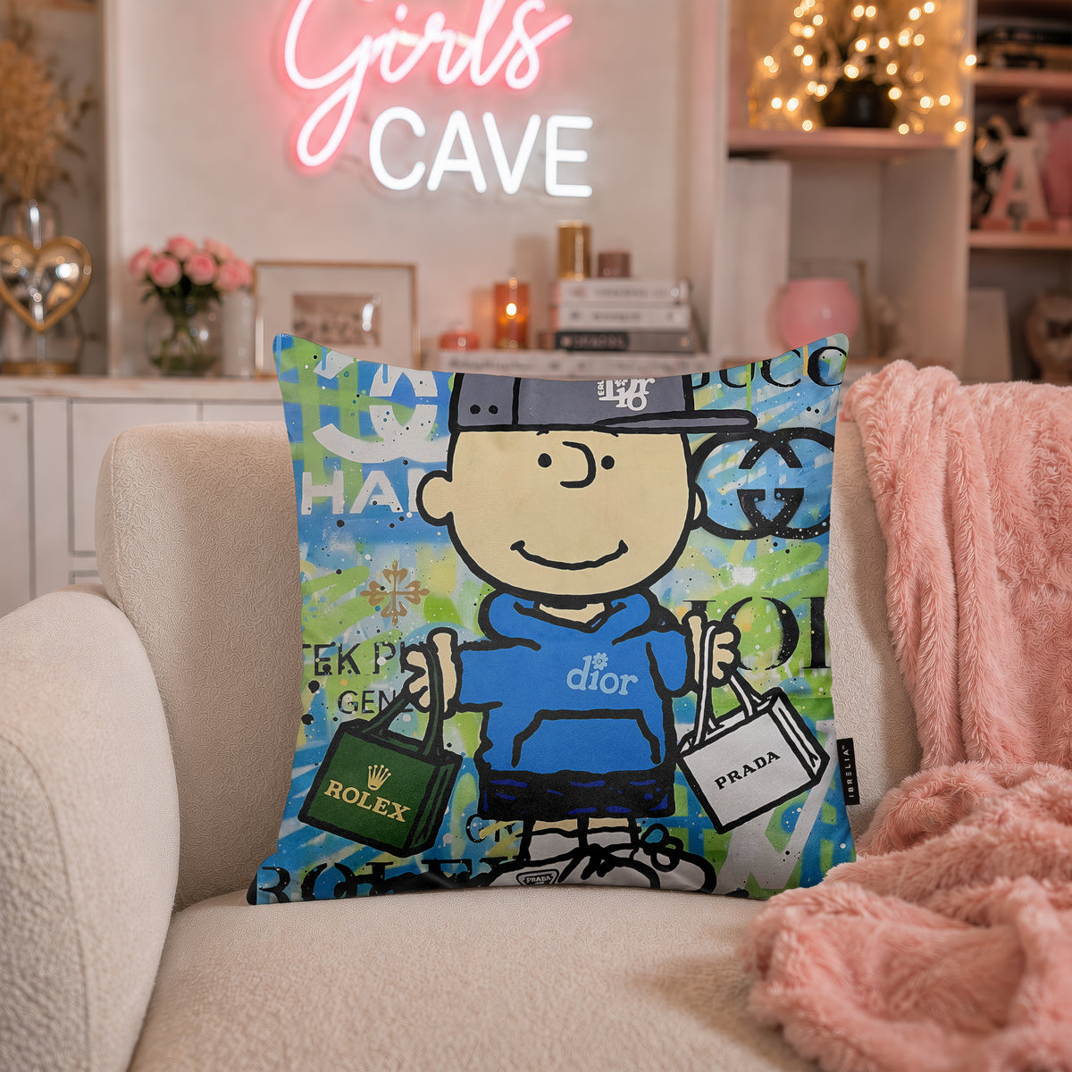 Charlie Brown Luxury Shopping Pop Art Cushion | Premium Velvet Suede | Double-Sided Print