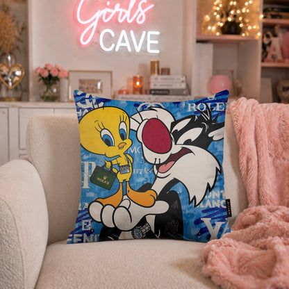 Sylvester & Tweety Luxury Friendship Pop Art Cushion | Premium Velvet Suede | Double-Sided Print