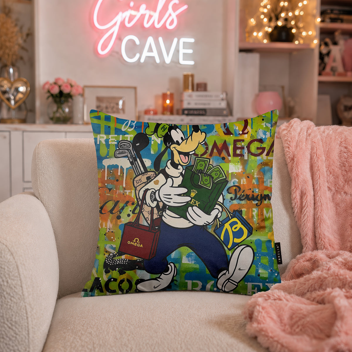 Goofy Luxury Golf & Money Pop Art Cushion | Premium Velvet Suede | Double-Sided Print