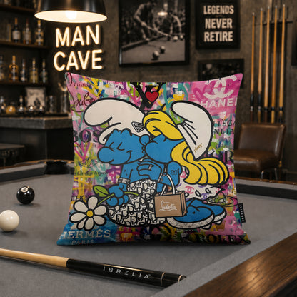 Smurf & Smurfette Luxury Love Pop Art Cushion | Premium Velvet Suede | Double-Sided Print