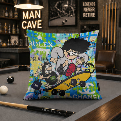 Dennis the Menace & Gnasher Skateboard Pop Art Cushion | Premium Velvet Suede | Double-Sided Print