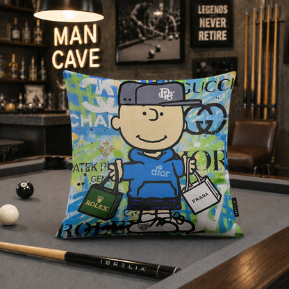 Charlie Brown Luxury Shopping Pop Art Cushion | Premium Velvet Suede | Double-Sided Print